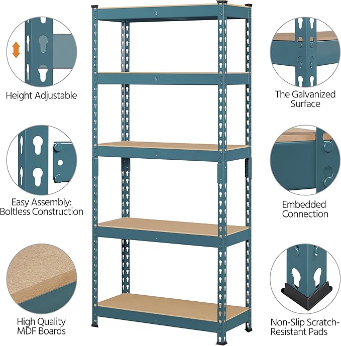Topeakmart 5-Tier Utility Shelves, Metal Storage Shelves, Adjustable Shelving Units, Boltless Assembly, Garage Shelves Shed Shelving for Warehouse Shed Basement- Neptune Blue, 27.5 x 12x 60 Inch