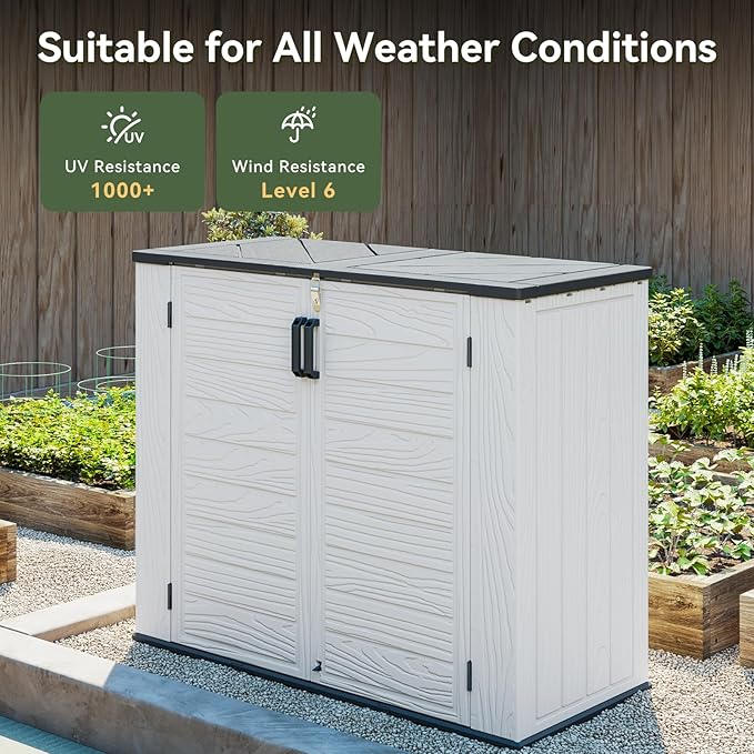 AOXUN Horizontal Storage Sheds 41 Cu.ft, HDPE Outdoor Storage Cabinet, Waterproof Lockable Resin Shed with Spring-Assisted Lid, Patio Storage for Garden, Pool, Cushions, Tools, White