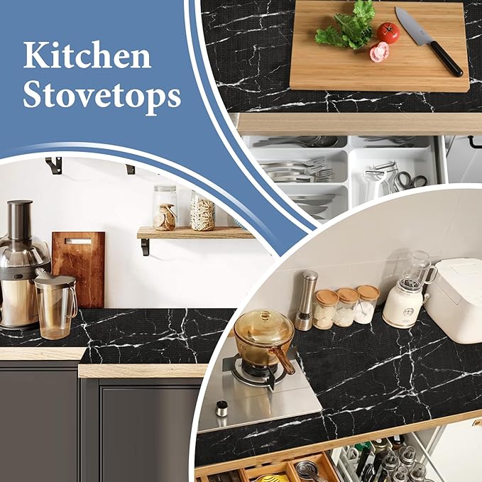 Drawer and Shelf Liner for Kitchen Cabinet: 12 in X 30 Ft Non Slip Waterproof Shelf Paper Non Adhesive Refrigerator Liners Black Marble Easy Liners for Bathroom with Knife Tape Measure