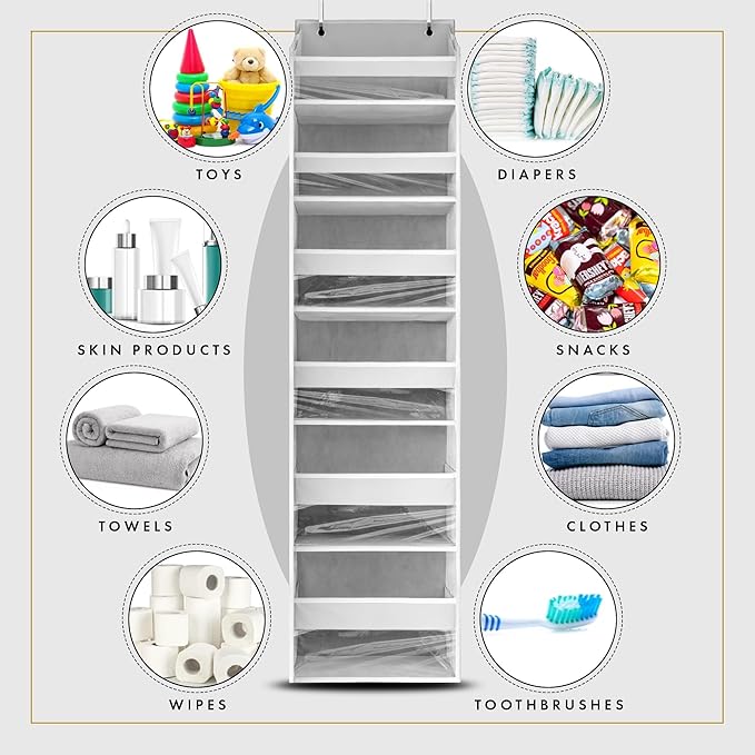HOMELUX THEORY UPGRADED 6 Tiers Over The Door Organizer Hanging - 100D EXTRA THICK & 50lbs HUGE CAPACITY, 12 Side Mesh Pockets Over The Door Shoe Organizer, Hanging Closet Organizer (Light Gray, 2pc)