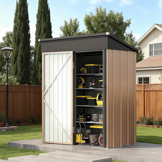 5x3FT Outdoor Storage Shed, Metal Garden Tool Shed with Sloping Roof & Lockable Door (Brown，5'x3')