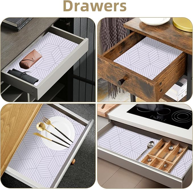 Shelf Liners for Kitchen Cabinets 12in x 10FT, Non Adhesive Cabinet Liner Strong Non-Slip Thickened Silver Geometric Easy to Clean for Shelf, Cabinet, Refrigerator with Knife and Tape Measure