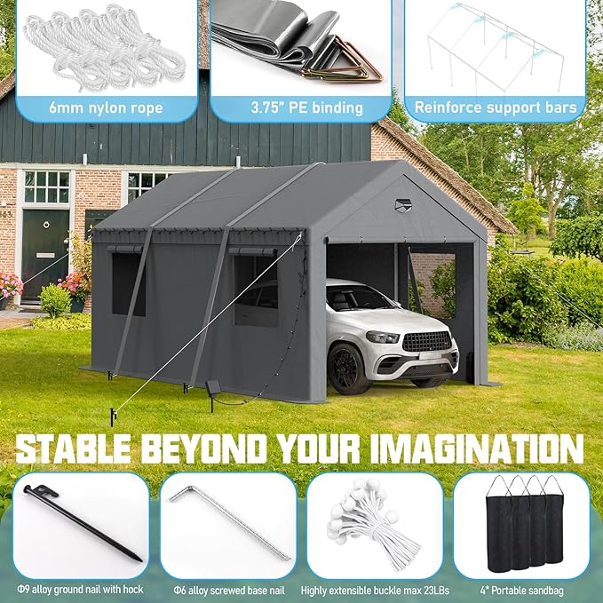 Carports Canopy 10x20 Heavy Duty, Portable Car Port Garage with Roll Up Drive Through Doors, Grey
