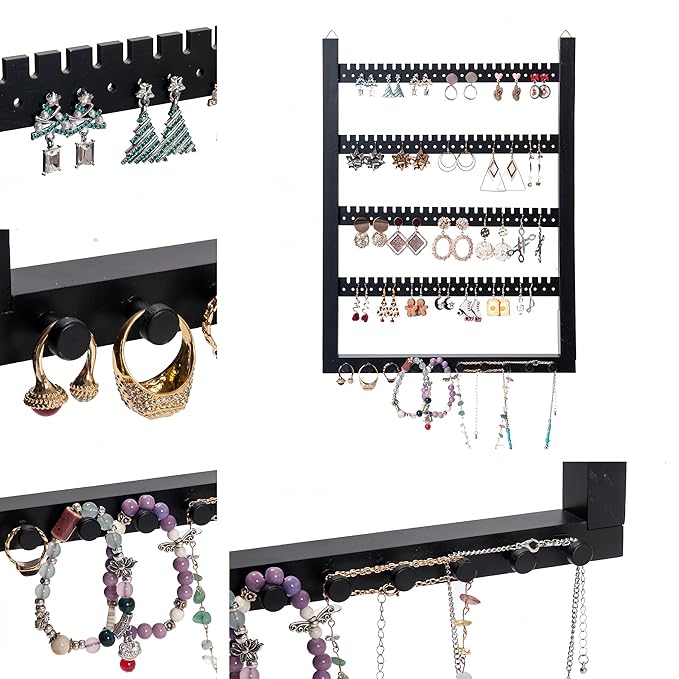 Solid Wood Earring Hanging Jewelry Organizer Wall Mounted Earring Organizer and Necklace Holder- Earring Display for studs, dangling, Necklace, Bracelet, and Rings-Black Color