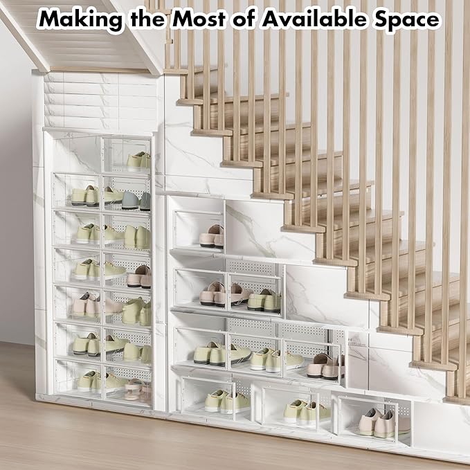 Shoe Storage Box, 15 Pack Clear Plastic Stackable Shoe Organizer for Closet, Interlocking Design Shoe Container Bins for Sneakers, Foldable Shoe Rack with Lids, White