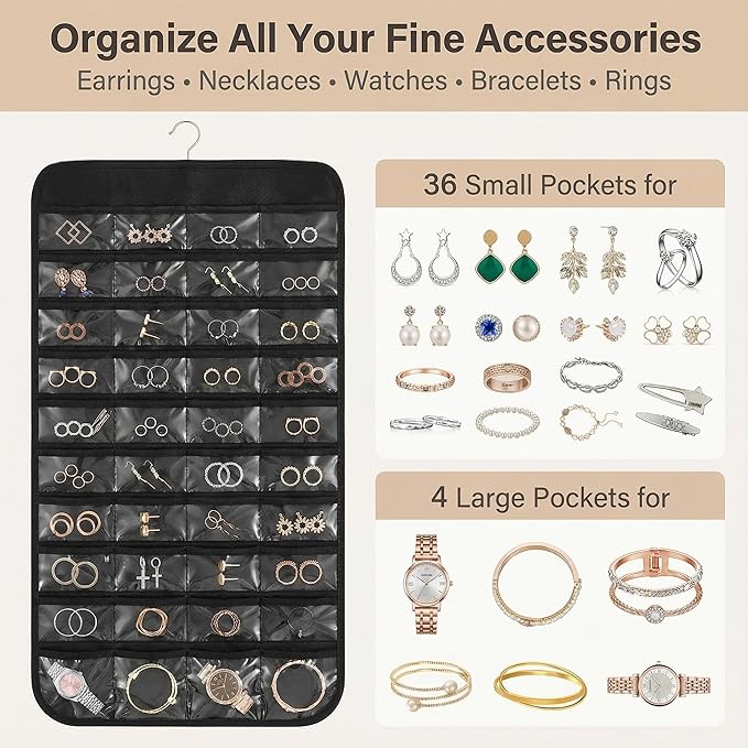 Hanging Jewelry Organizer Double Sided with 80 Clear Pockets, Necklace Organizer Hanging for Closet and Wall, Jewelry Organizer with Hanger, Over the Door Jewelry Organizer, Large Jewelry Storage Bag