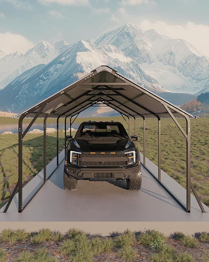Garveelife 11'x20'x9' Metal Carport, Heavy Duty Steel Car Ports for All-Weather, Vertical Roof Design, for Full-Size Pickup Trucks, Boats, and Tractors