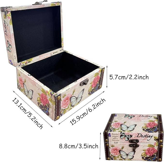 MIAO JIN Butterfly Jewelry Box Pink Storage Decorative Box for Jewelry Trinkets Photos Wood Treasure Chest Box for Women Girls Gifts Decorative Keepsake Box Home Decorations