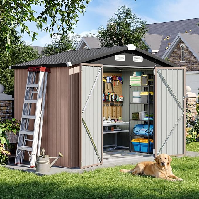 Aoxun 8x6 FT Shed with Base Metal Outdoor Storage Shed Garden Shed with Lockable Doors Tool Shed Bike Shed for Backyard, Patio, Poolside (Brown)
