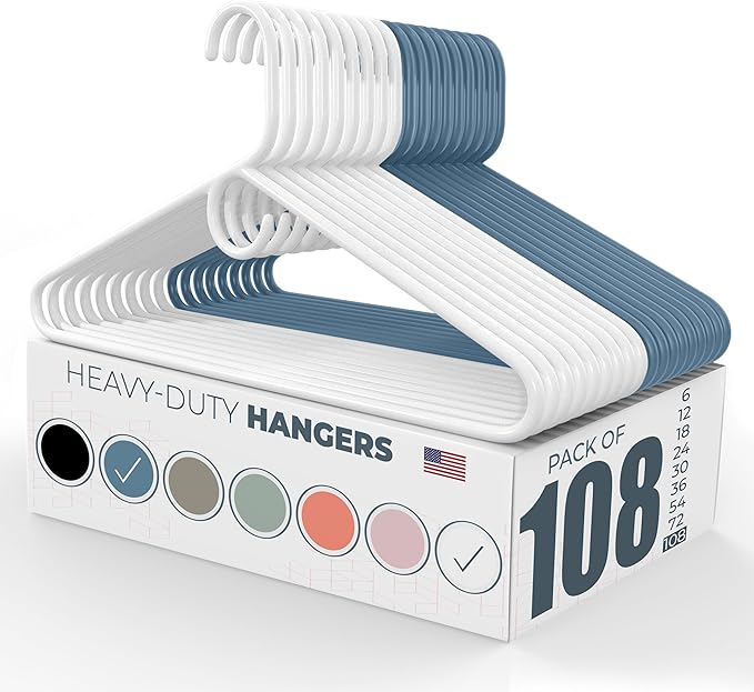 Neaties Heavy Duty Clothes Hangers 100 Pack (108 Count) – Made in The USA – 8lb Capacity Plastic Hangers for Adult Clothing – Durable for Pants, Coats, Jackets, or Jeans – White & Blue
