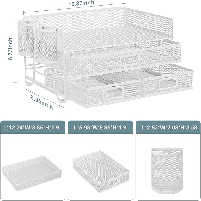 Marbrasse 3 Tier Mesh Desk Organizer with Drawer, Multi-Functional Desk Organizers and Accessories, Paper Letter Organizer with 2 Pen Holder for Home Office Supplies - White