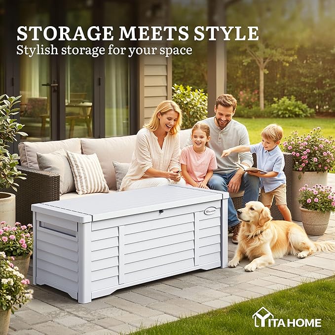 YITAHOME 150 Gallon Large Outdoor Storage Deck Box, Waterproof Cushion Storage Bench with Lockable Lid for Patio, Pool Supplies, Garden Tools, Resin, White