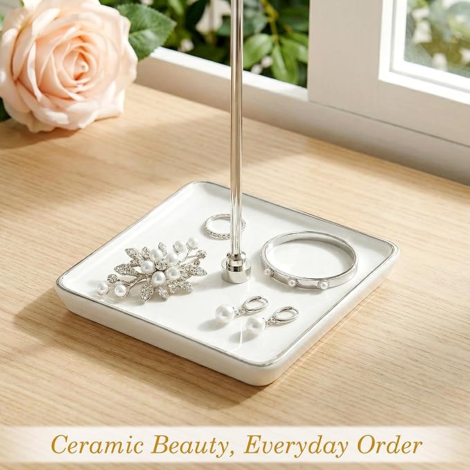 Jewelry Holder Stand with Ceramic Base: 12" Tall Necklace Organizer Rack, Tree Design Display Storage for Necklaces, Bracelets, Rings, Earrings, Aesthetic Vintage Room Décor (Silver)