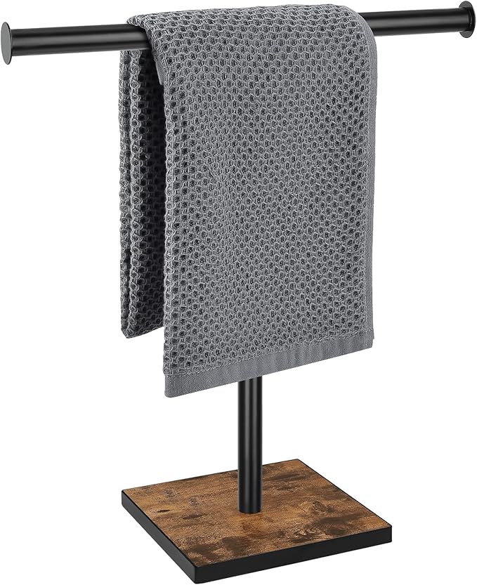 Hand Towel Holder Stand, Bathroom Hand Towel Rack with Weighted Base, T-Shape Standing Towel Racks, Farmhouse Countertop Towel Stand for Kitchen Counter, Rustic Black Brown