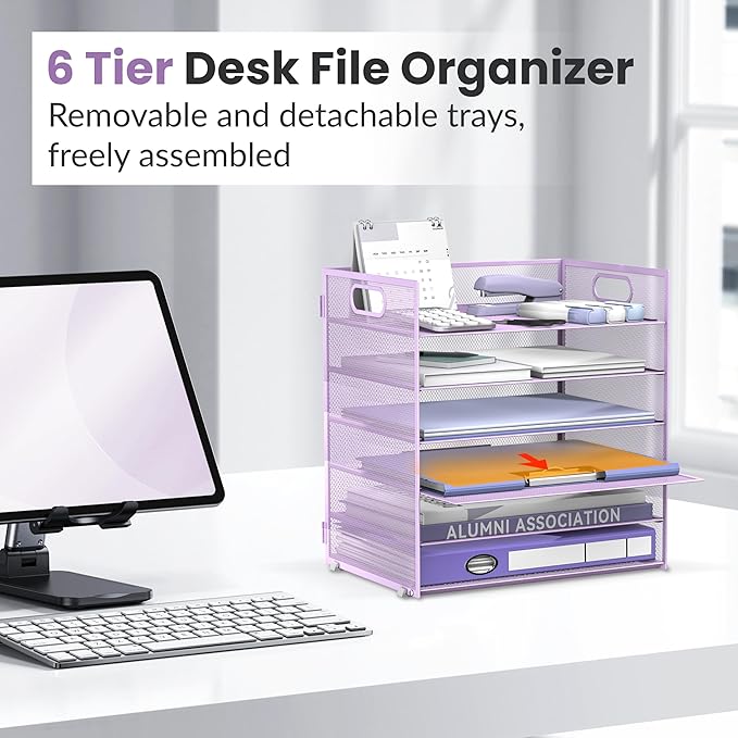 Daltack 6 Tier Paper Organizer for Desk, Paper Letter Tray Organizer for Desks, Mesh Desk File Organizers with Handle for Office, Home, School, Purple, 2 Pack