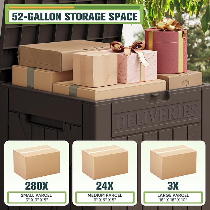 Greesum 52 Gallon Large Outdoor Package Delivery Box for Porch, Lockable Secure Double-Wall Resin Storage Box, Waterproof Deck Box for Package Protection, Brown