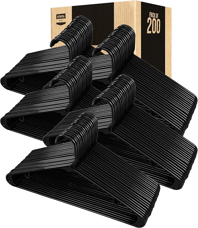 Utopia Home Plastic Hangers 200 Pack - Clothes Hanger with Hooks - Durable & Space Saving (Black)