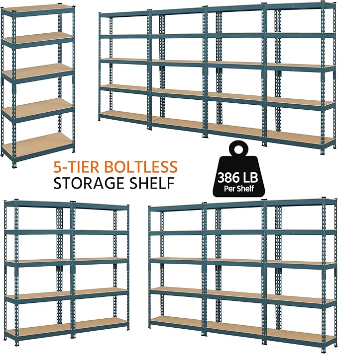 Topeakmart 5-Tier Utility Shelves, Metal Storage Shelves, Adjustable Shelving Units, Boltless Assembly, Garage Shelves Shed Shelving for Warehouse Shed Basement- Neptune Blue, 27.5 x 12x 60 Inch