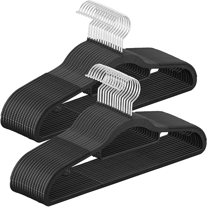 SONGMICS Pack of 30 Coat Hangers, Space-Saving Plastic Clothes Hangers, Non-Slip, 0.2 Inches Slim, 16.5 Inches Wide, 360° Swivel Silver Hook, Black UCRP20BK30