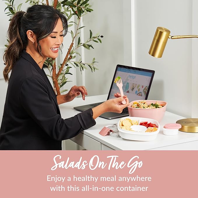 Bentgo Salad Container - 54 oz Bowl with 4-Compartment Toppings Tray, Dressing Container, Reusable Fork, BPA-Free Lunch Box for Meal Prep & Food Storage; Removable Bento Tray (Blush Marble)