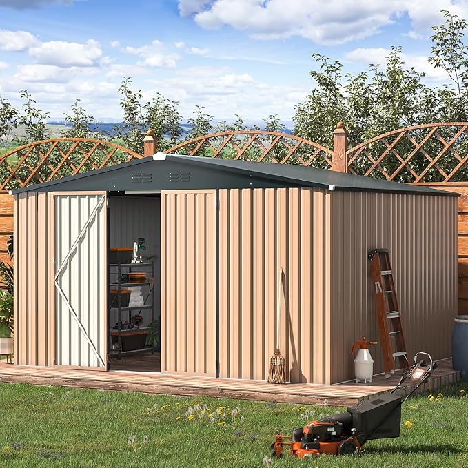 AECOJOY 10' x 12' Shed, Outdoor Storage Shed, Large 12x10 Metal Sheds & Outdoor Storage Clearance Steel Yard Shed with Lockable Doors, Utility and Tool Storage Garden Shed for Backyard, Outside