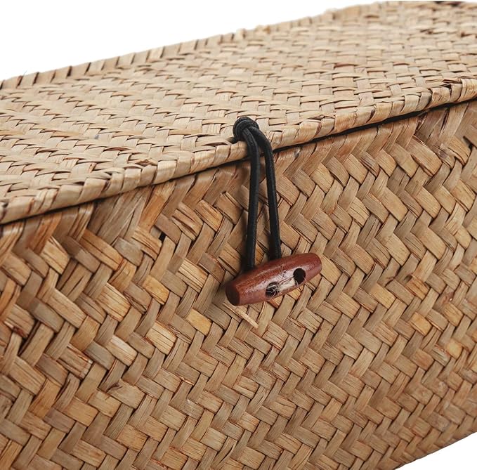 Seagrass Storage Basket for Bathroom - Wicker Toilet Tank Basket with Lid - Woven Narrow Organizer (16.5" x 5.5" x 5.5")