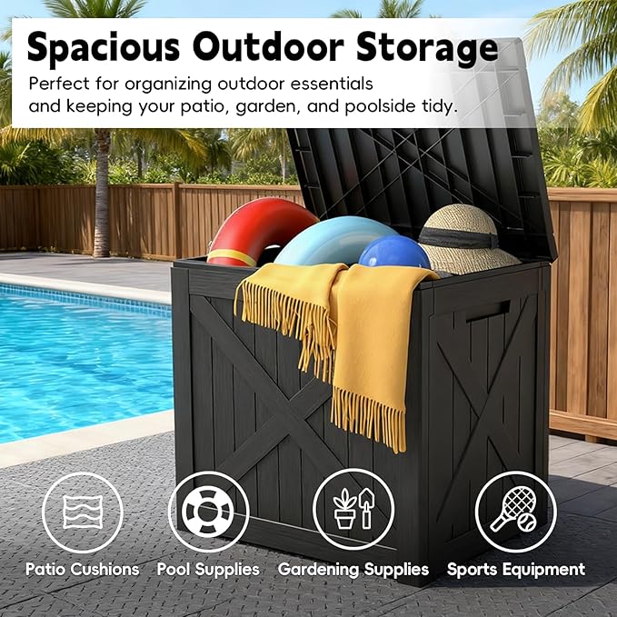 Outdoor Storage Box, Deck Box Waterproof 35 Gallon, Resin Outside Storage, Storage Bin for Package Delivery, Patio Furniture Cushion, Pool Accessories, Weatherproof and UV Resistant, Black, Barn Style