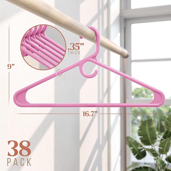 NEATERIZE Ultra Heavy Duty Plastic Clothes Hangers - Pink - Durable Coat, Suit and Clothes Hanger. Perchas De Ropa (38 Pack - Pink)