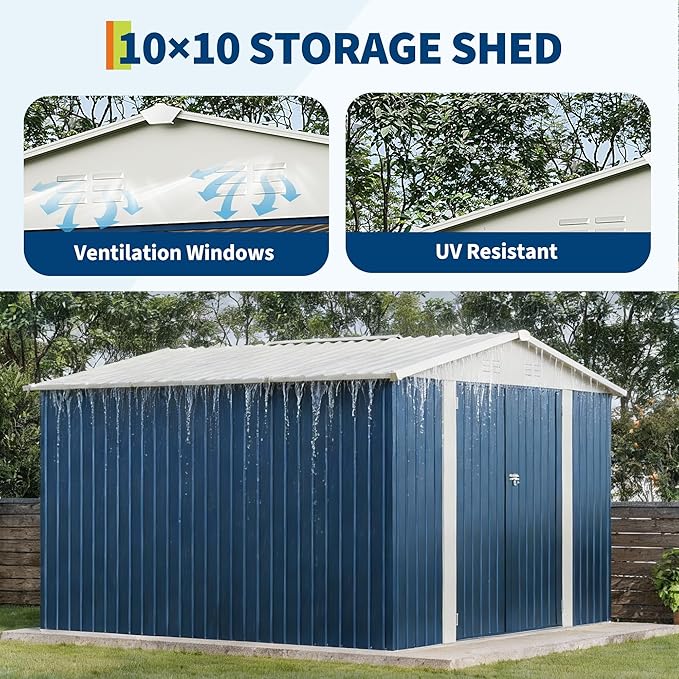 10 x 10 FT Outdoor Storage Shed,Metal Garden Sheds&Outdoor Storage Clearance, Large Tool Shed Outdoor with Single Lockable Door，Ideal Storage House for Backyard Garden Patio Lawn,Navy Blue