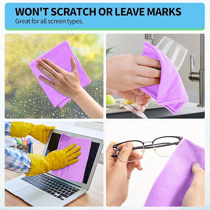 HOMERHYME Microfiber Cleaning Cloth, 12 Pack Window Glasses Cleaning Cloth, Reusable Lint-Free Streak Free Polishing Cloth Wipes for Stainless Steel, Eyeglass, Mirror, Screen & Lense,12"*12" Purple