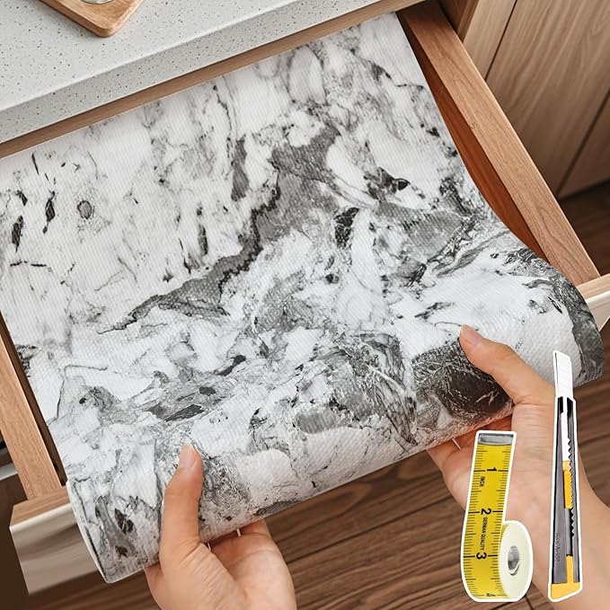 Drawer and Shelf Liner for Kitchen Cabinet: 17 in X 30 Ft Non Slip Waterproof Shelf Paper Non Adhesive Refrigerator Liners Grey and White Marble Easy Liners for Bathroom with Knife Tape Measure