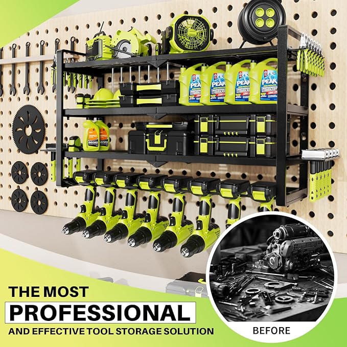 Heavy Duty Wall Mount Tool Organizer - 8 Drill Holder Storage Rack, 4-Tier Garage Organization System, 300lb Capacity Metal Tool Storage