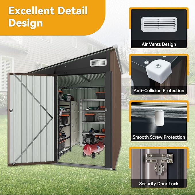 5x7 FT Lean to Shed, Outdoor Metal Storage Shed, Utility Steel Tool Shed with Lockable Door for Bike, Garden, Backyard, Patio, Lawn