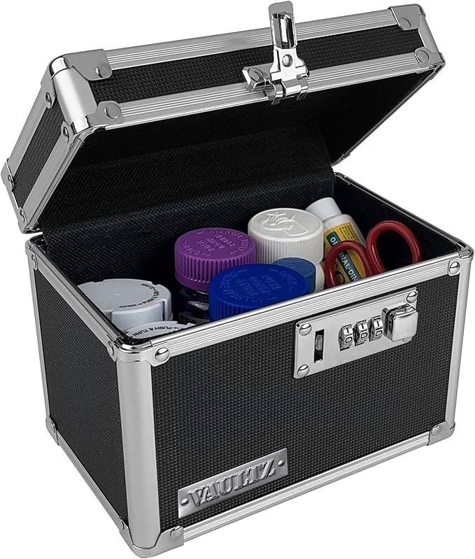 Vaultz Medicine Lock Box - 5 x 7 x 5 Inches - Secure Cabinet Safe with Combination Lock - Ideal for Medications and Small Valuables - Black