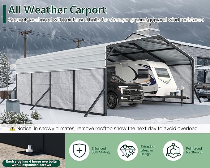 Jocisland 20x20 FT Heavy Duty Metal Carport, All-Weather Car Carport with Waterproof Removable Sidewall, Galvanized Steel Roof & Reinforced Base, Canopy for Bass Boats, Full-Sized Pickups and Tractors