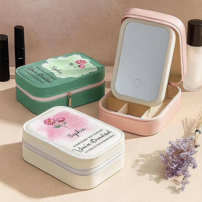 Sometimes You Forget You're Beautiful, Flower Reminder, Jewelry Box With LED Mirror, Gift For Daughter And Wife, Inspirational Gifts for Women, Personalized Birth Month Flower Travel Jewelry Organizer