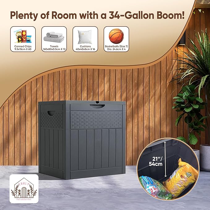 EHHLY 33 Gallon Deck Box, Small Outdoor Storage Box Waterproof, Lockable Secure Package Bin Delivery Box for Outside Front Porch, Patio Cushions Storage Box, Delivery Driver Snack Box for Porch, Grey