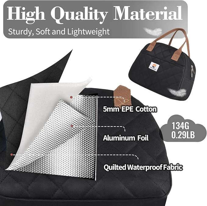 Lunch Bag Women,Insulated Quilted Lunch Bag, Small Portable Cute Lunch Box,Cooler Bag Reusable Lunch Tote for Work/Travel/Picnic (Black)