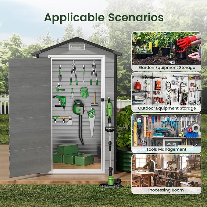 GVDV 4×6FT Outdoor Resin Plastic Storage Shed with Reinforced Floor, All-Weather Plastic Shed with Lockable Door, Window, Waterproof Tool Storage for Garden, Backyard, Patio, Tool Storage