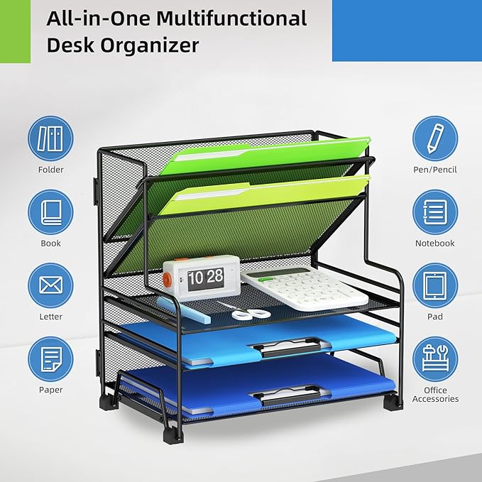 4-Tier Paper Organizer + 3-Pocket File Holder, Desktop File Organizers Paper Tray for Office School Classroom Workspace Organization (Black Desk Organizer, No Drawer & No Pen Holder)