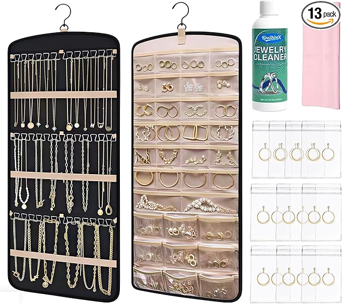 Hanging Jewelry Organizer & Cleaning Kit - Storage Bag with Metal Hooks Double-Sided Jewelry Rack Cleaning Solution Polishing Cloth Anti-Tarnish Bags Fits Necklaces Rings on Closet, Wall, Door, Black