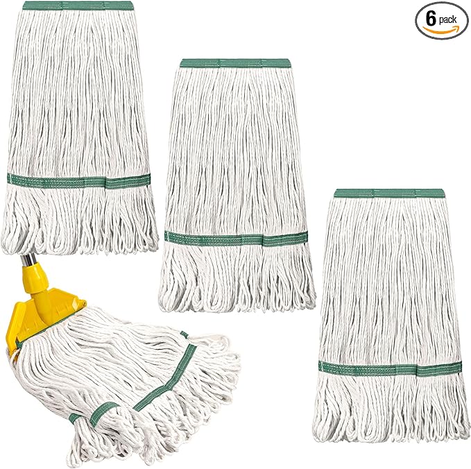 6 Pack Heavy Loop End Cotton String Mop Head Heavy Duty Mop Head Commercial Refills Mop Head Replacement for Home Industrial Commercial Floor Cleaning(White, Green)