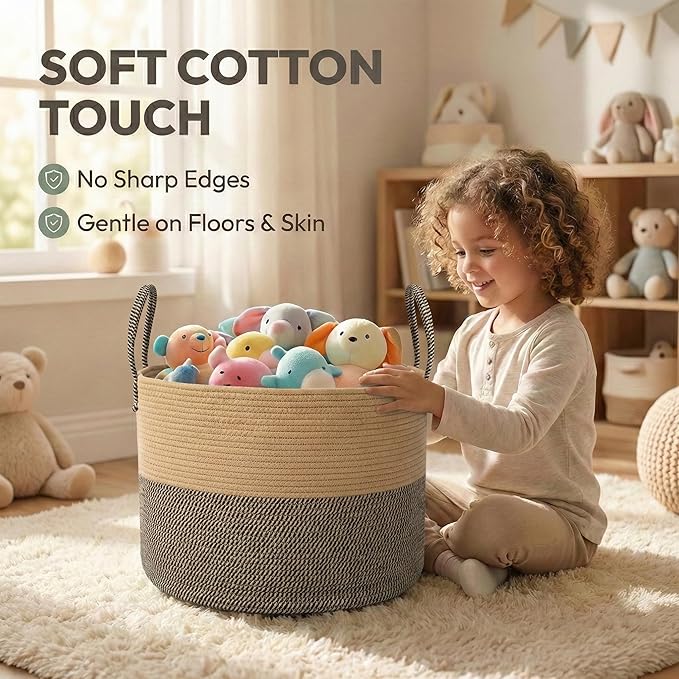 65L Extra Large Blanket Basket for Living Room - Woven Cotton Rope Laundry Hamper with Reinforced Handles - Storage Bin for Pillows, Comforters & Toys - Machine Washable,Jute&Black
