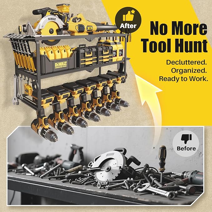 26''W Power Tool Organizer Wall Mount | 200lbs Garage Storage Rack with 7 Cordless Drill Holder | 3-Tier Heavy Duty Utility Shelf for Battery Workshop Organization