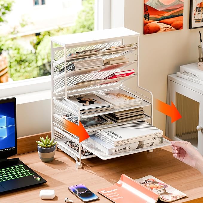 Simple Trending 7 Tier Desk File Organizer, 2 Pack Letter Tray Paper Organizer, Mesh Desk Accessories File Folder for Office, Home or School, White