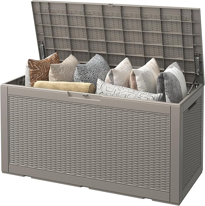 Oudoor Storage Box, 100 Gallon Resin Waterproof Deck Box Outside, Lockable Lid for Delivery Box, Patio, Indoor, Garden Tools, Pool Supplies - Grey