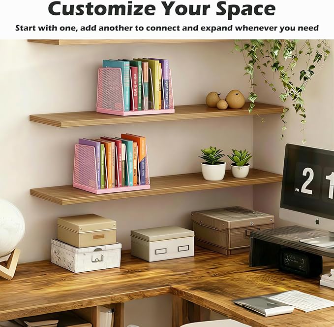 AUPSEN 5-Section Wooden Desktop File Organizer, File Sorter Storage Rack, Vertical File Holder for Office Supplies, Pink
