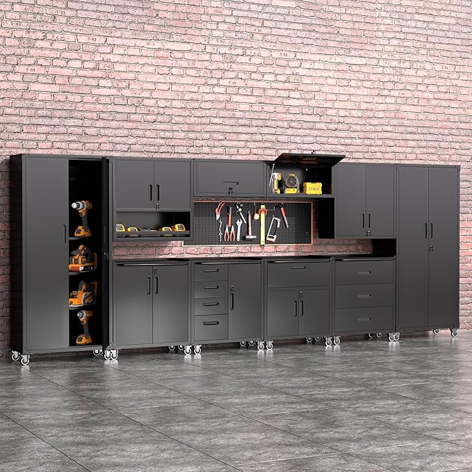 Garage Storage Cabinets System 5 PCS Workshop Set with Drawers Locking Heavy Duty Rolling Cart with Adjustable Shelves Garage Tool Workbench Cabinets (5 PCS-1, Black)