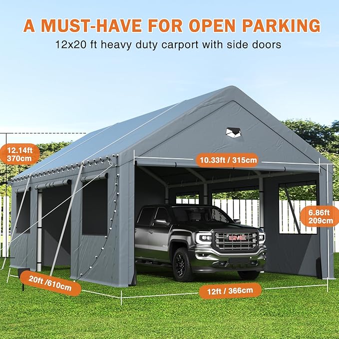 Carport 12X20 Heavy Duty,Carport Canopy with Side Door,Portable Car Ports Garage,Outdoor Car Shelter All Weather