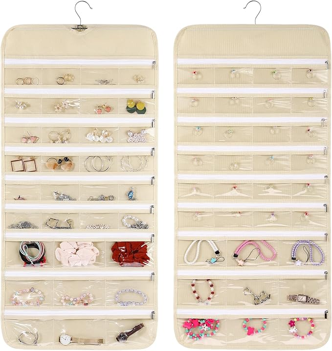 Cabilock Hanging Jewelry Organizer Wall Holder: Double Sided Zipper Earring storage Pocket with 66 Pockets Wall Closet Necklace Hanger for Earrings Bracelet Watch Ring